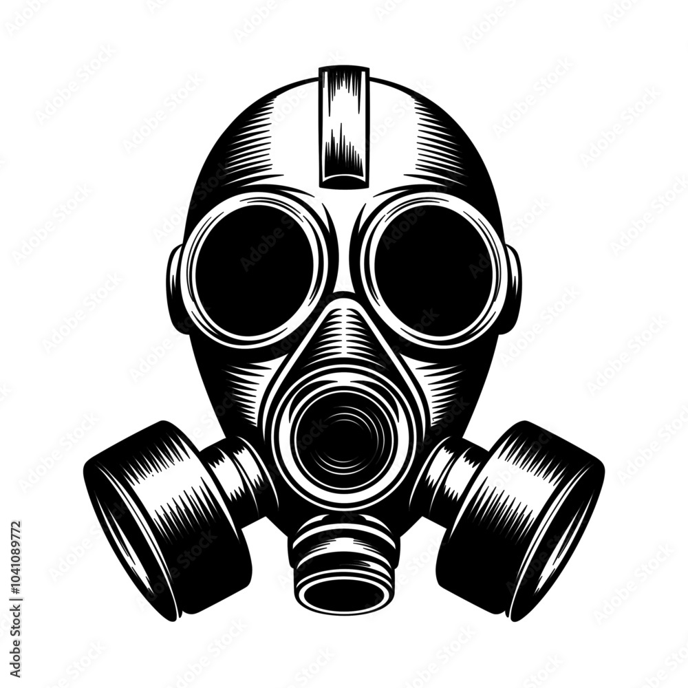 Gas mask illustration, black and white, protection concept