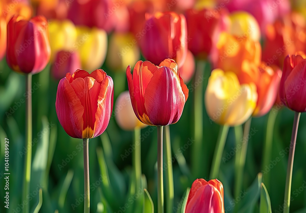 A field of colorful tulips in full bloom, with vibrant reds and oranges standing out against the green grass A field of colorful tulips in full bloom, with vibrant reds and oranges standing out against the green grass