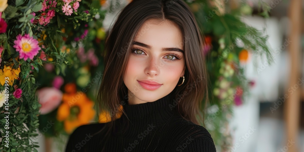 Beautiful Woman with Green Eyes Surrounded by Colorful Flowers