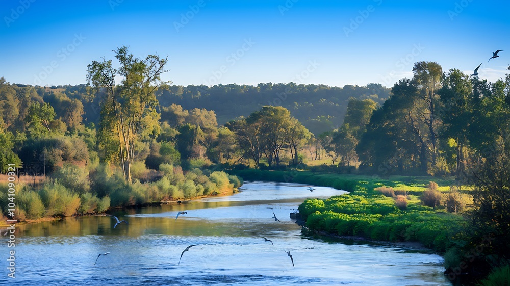 A stunning scenic river winding through lush vegetation under a clear blue sky creating a serene natural landscape A stunning scenic river winding through lush vegetation under a clear blue sky creating a serene natural landscape