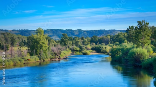A serene scenic river flowing gently through lush green vegetation under a bright blue sky in nature's embrace