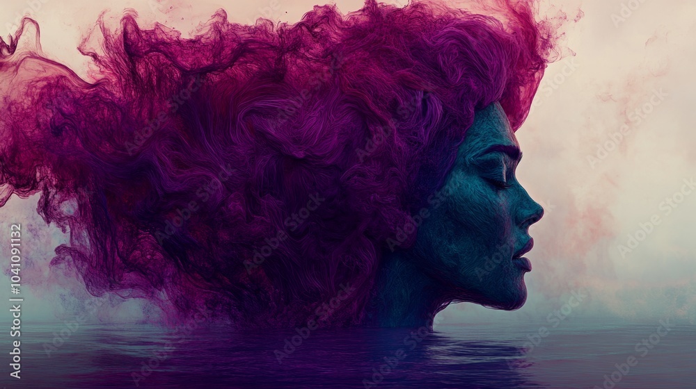 Fototapeta premium Abstract Woman Portrait with Purple and Blue Swirls in Water