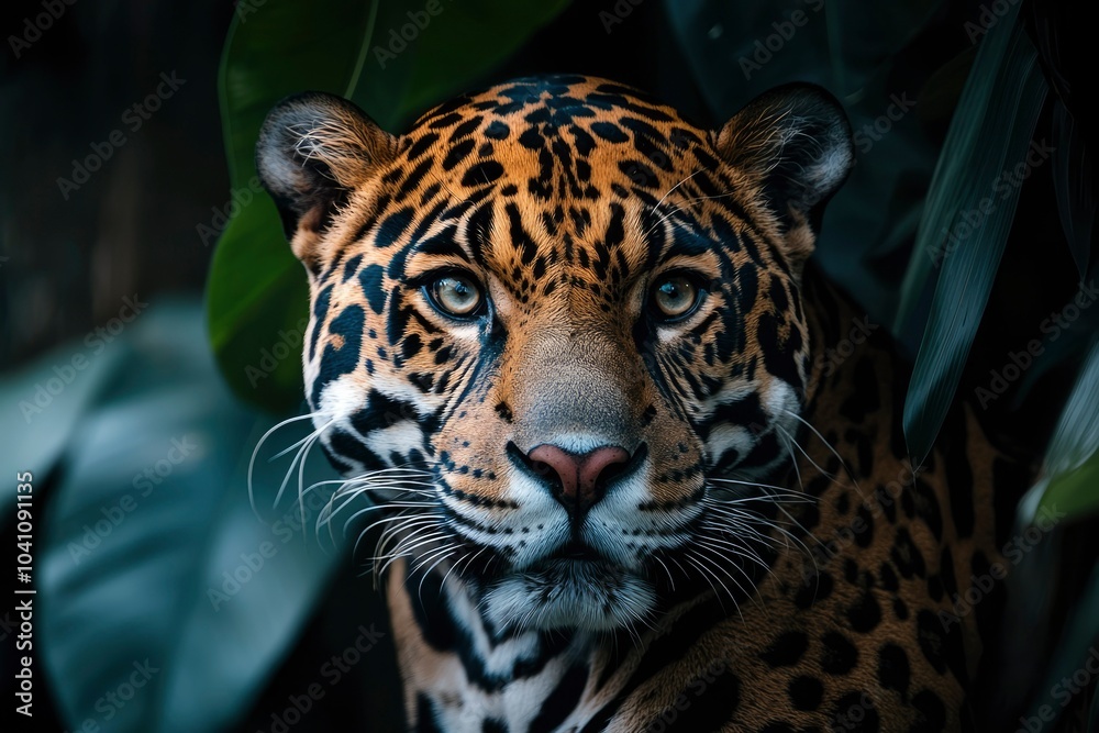 Obraz premium Close-up portrait of a jaguar in a jungle setting