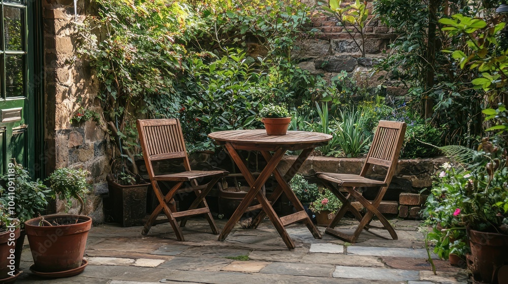 A small patio nook with comfortable wooden furniture and potted plants, ideal for relaxing in the garden. A small patio nook with comfortable wooden furniture and potted plants, ideal for relaxing in the garden.