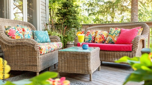 Fototapeta Naklejka Na Ścianę i Meble -  A bright, colorful summer patio with light wicker furniture, vibrant cushions, and a tropical drink on the table.
