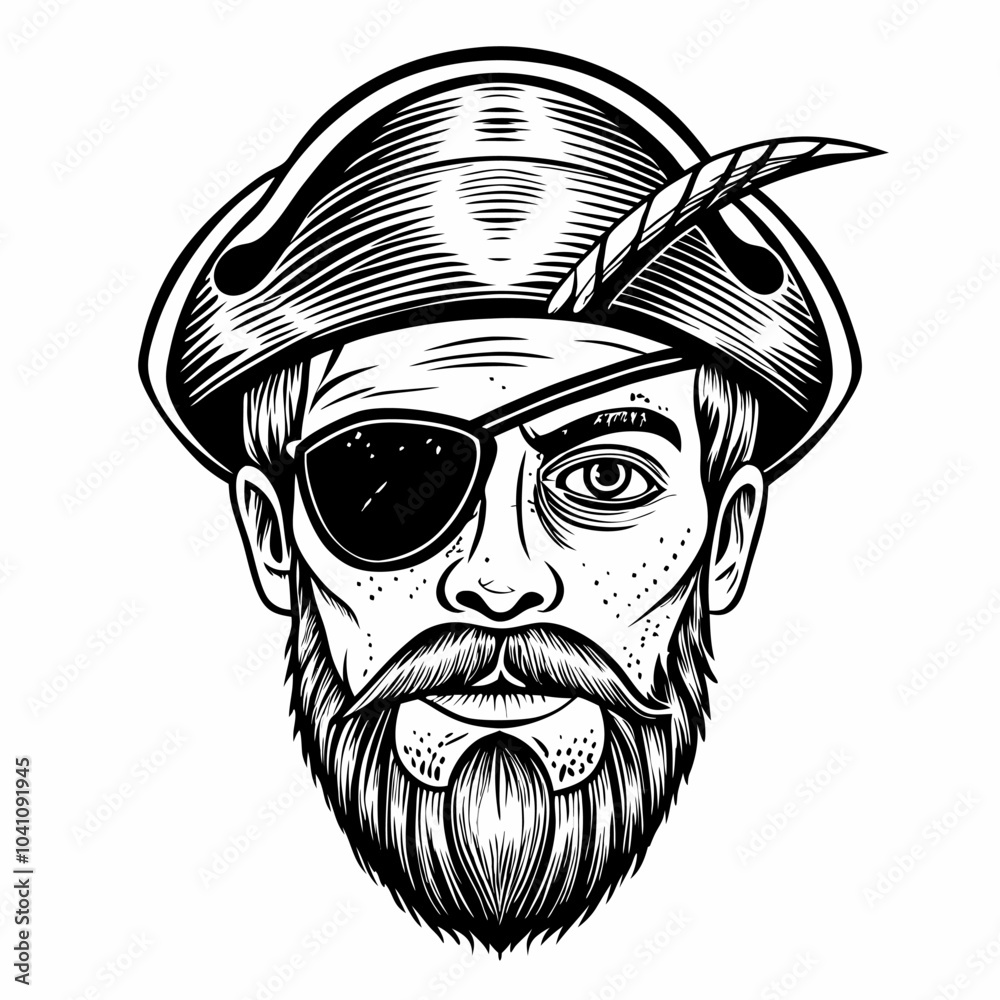 Fototapeta premium Bearded Pirate with Eyepatch and Feathered Hat Vintage Black and White Illustration