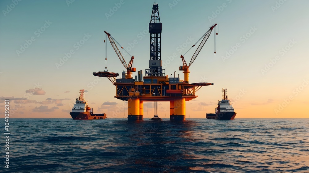 Fototapeta premium Industrial oil drilling rig with towering cranes and heavy machinery operating in the background