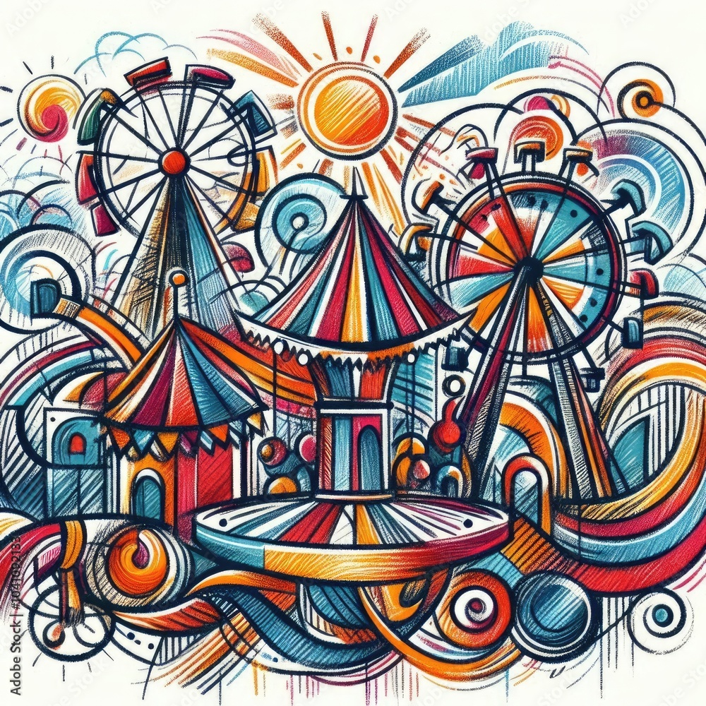 Whimsical Carnival Scene with Ferris Wheel, Carousel, and Hot Air Balloon with Generative AI. Whimsical Carnival Scene with Ferris Wheel, Carousel, and Hot Air Balloon with Generative AI.