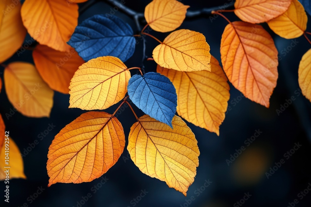 Golden and Blue Autumn Leaves on a Branch Golden and Blue Autumn Leaves on a Branch