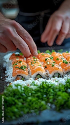 A skilled male sushi chef preparing a vibrant platter of sushi rolls, featuring fresh salmon, rice, and garnished with green onions on a textured board.