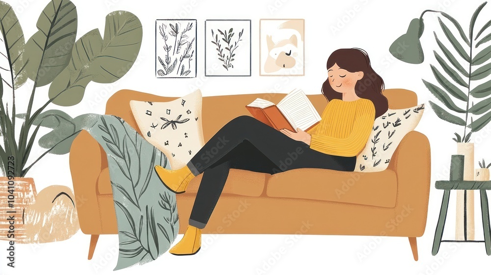 Woman relaxing on a couch and reading a book in a cozy living room. Woman relaxing on a couch and reading a book in a cozy living room.