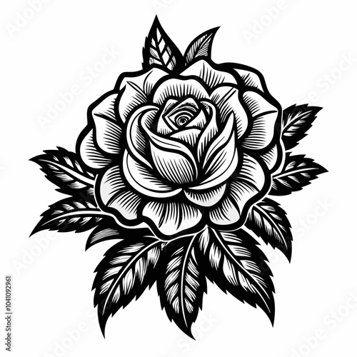Intricate Black and White Rose Illustration with Leaves for Tattoo and Design