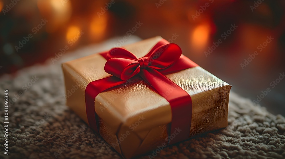 Elegant Gold Foil Gift Wrapped with Red Bow Elegant Gold Foil Gift Wrapped with Red Bow
