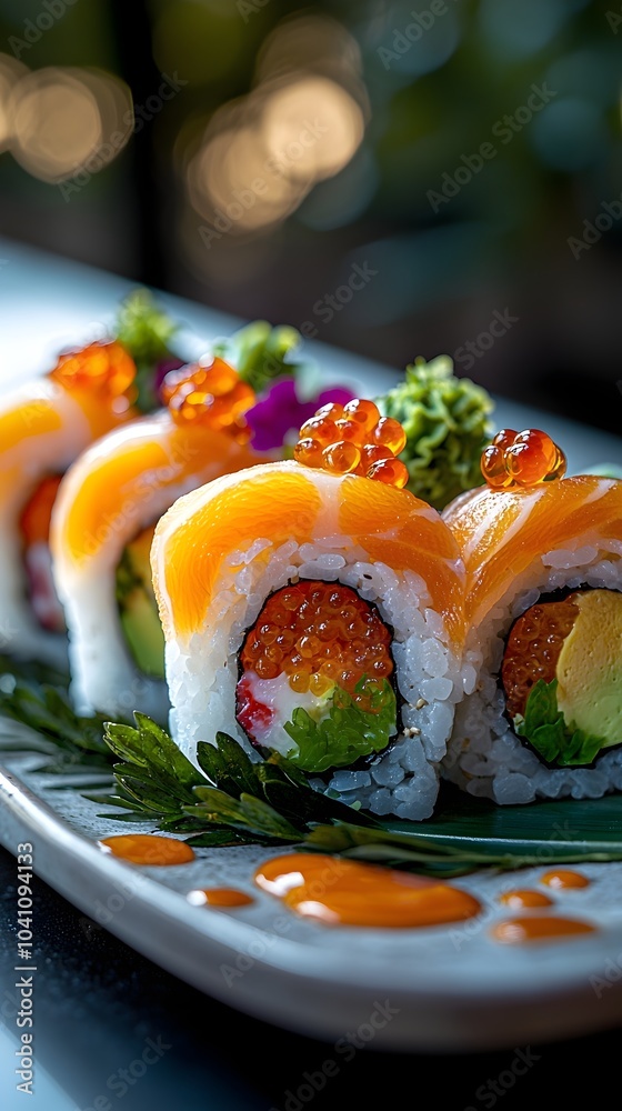 A vibrant platter of sushi rolls featuring fresh salmon, avocado, and fish roe, beautifully arranged garnished with greens, evoking a sense of culinary delight. A vibrant platter of sushi rolls featuring fresh salmon, avocado, and fish roe, beautifully arranged garnished with greens, evoking a sense of culinary delight.