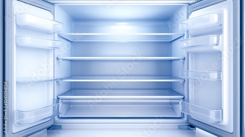 A refrigerator with the door open and the shelves empty