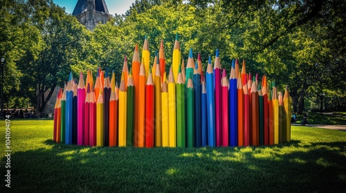 A vibrant installation of oversized colored pencils in a park setting.