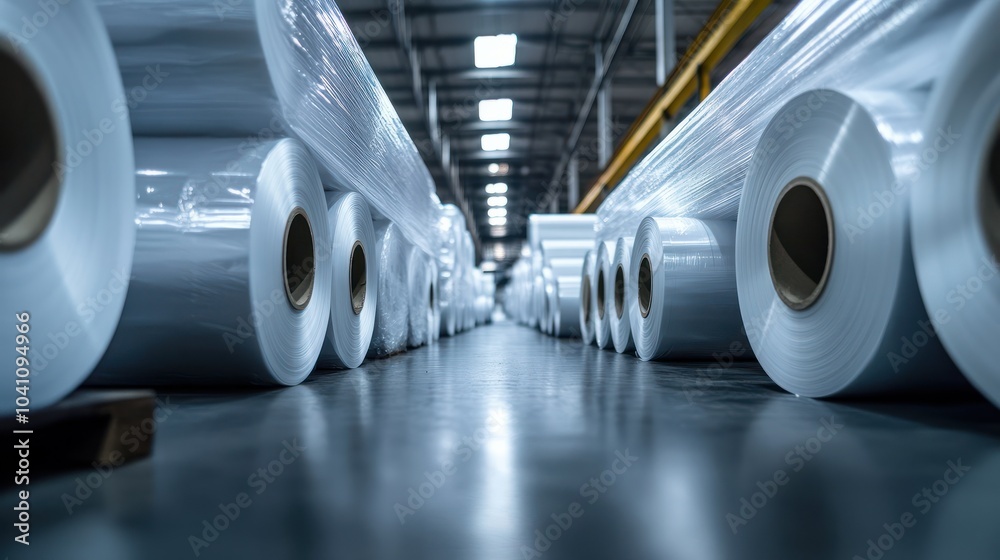 Rolls of polyethylene sheets neatly stacked in a warehouse, industrial packaging focus Rolls of polyethylene sheets neatly stacked in a warehouse, industrial packaging focus