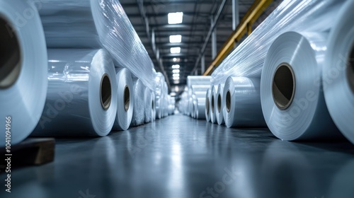 Rolls of polyethylene sheets neatly stacked in a warehouse, industrial packaging focus photo