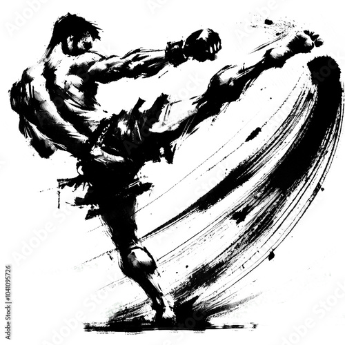 An ink illustration of a kickboxer( Muay Thai) fighter throwing a kick in a transparent background