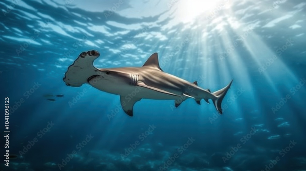 Fototapeta premium Hammerhead shark swimming gracefully in clear ocean water.
