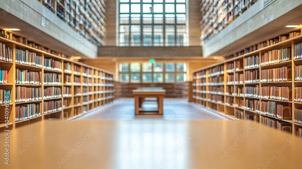Modern Library Interior with Wooden Shelves and Windows Modern Library Interior with Wooden Shelves and Windows