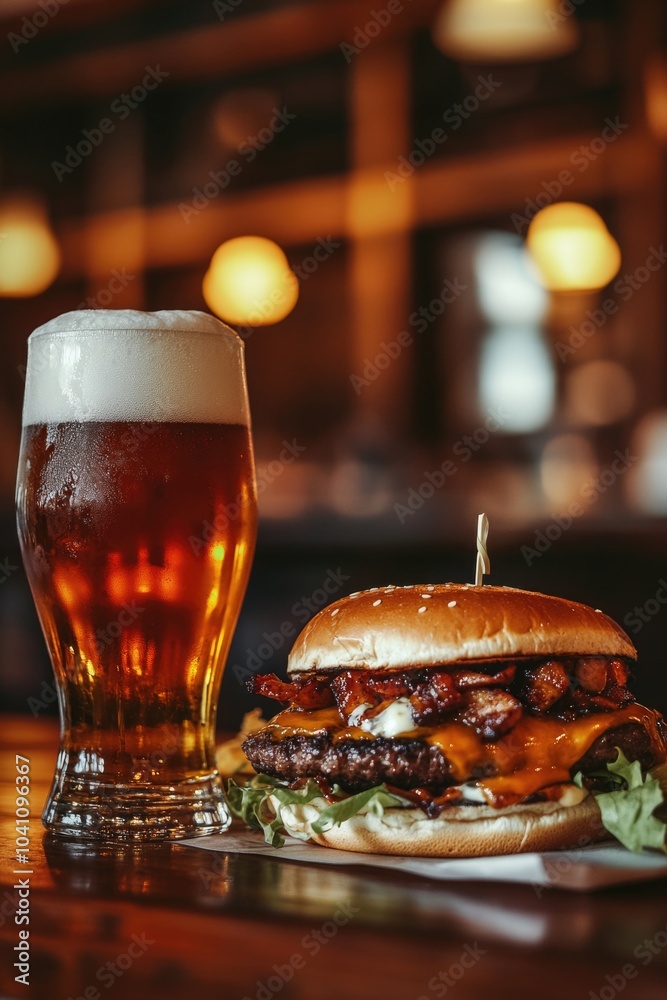 Burger and Beer on Table Burger and Beer on Table