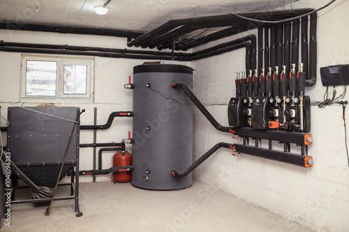 Solid Fuel Boiler for Pellets in Boiler Room. Boiler Heat System Equipment.