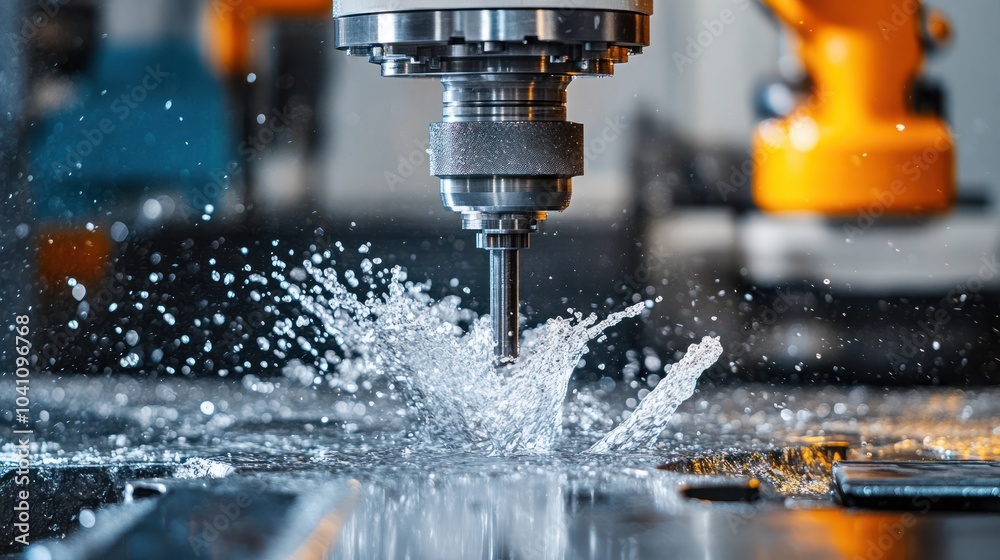 Vertical photo of industrial wet milling process in 5-axis cnc machine with coolant flow under pressure and freezed splashes Vertical photo of industrial wet milling process in 5-axis cnc machine with coolant flow under pressure and freezed splashes