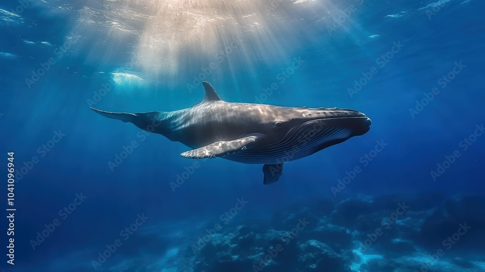 Fototapeta premium Majestic whale swimming gracefully in crystal clear ocean water.