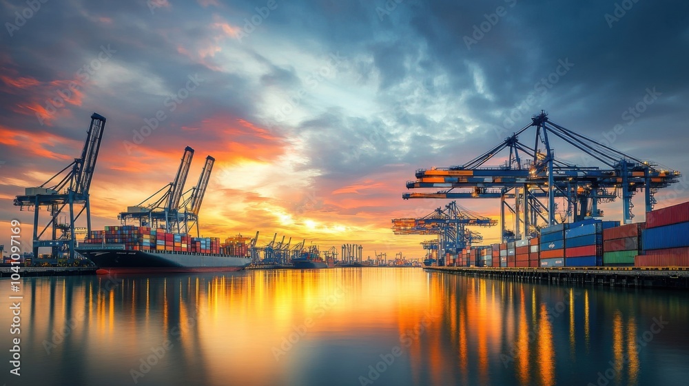 A modern harbor scene at sunrise, cranes and containers against a backdrop of a colorful morning sky, reflecting the vitality and expansion of international commerce A modern harbor scene at sunrise, cranes and containers against a backdrop of a colorful morning sky, reflecting the vitality and expansion of international commerce