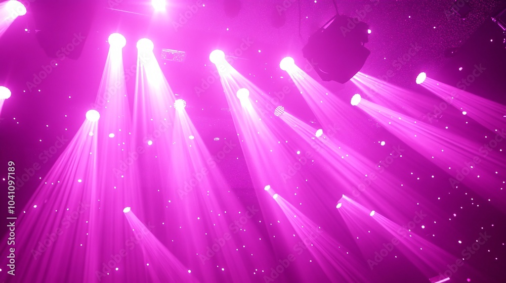dynamic nightclub spotlights, intense pink light rays, cosmic purple environment, drifting metallic particles, atmospheric haze, dramatic stage lighting design dynamic nightclub spotlights, intense pink light rays, cosmic purple environment, drifting metallic particles, atmospheric haze, dramatic stage lighting design