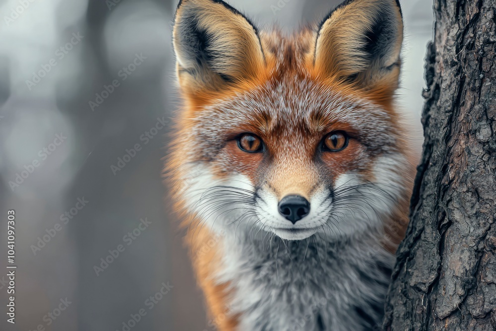 Close-up of a Red Fox's Face with a Blurred Tree Trunk in the Background Close-up of a Red Fox's Face with a Blurred Tree Trunk in the Background