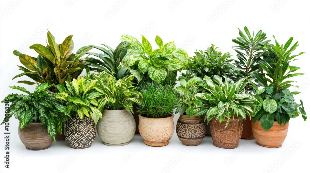 Fototapeta premium A variety of indoor plants, each in their own decorative pot, isolated on a white background for catalog display.