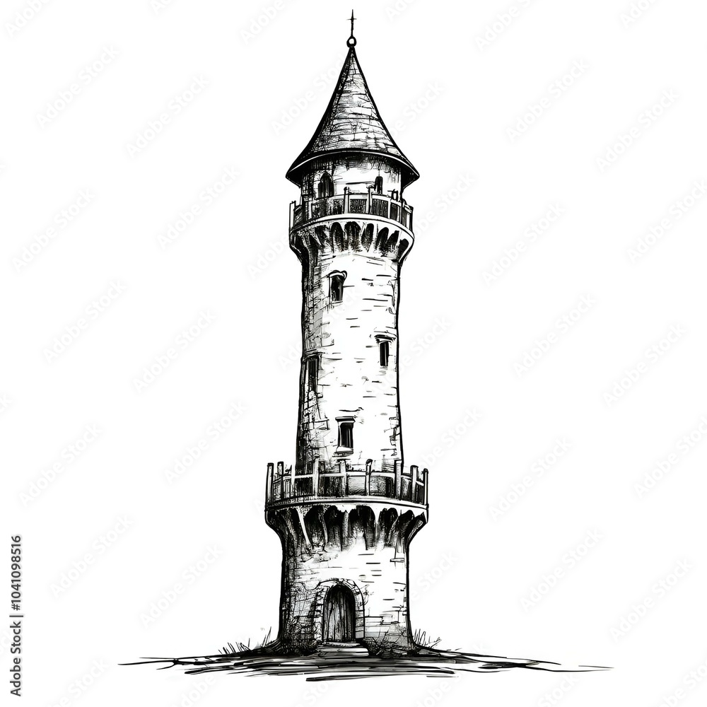 Obraz premium A detailed drawing of a castle featuring a prominent tower against a clear sky.