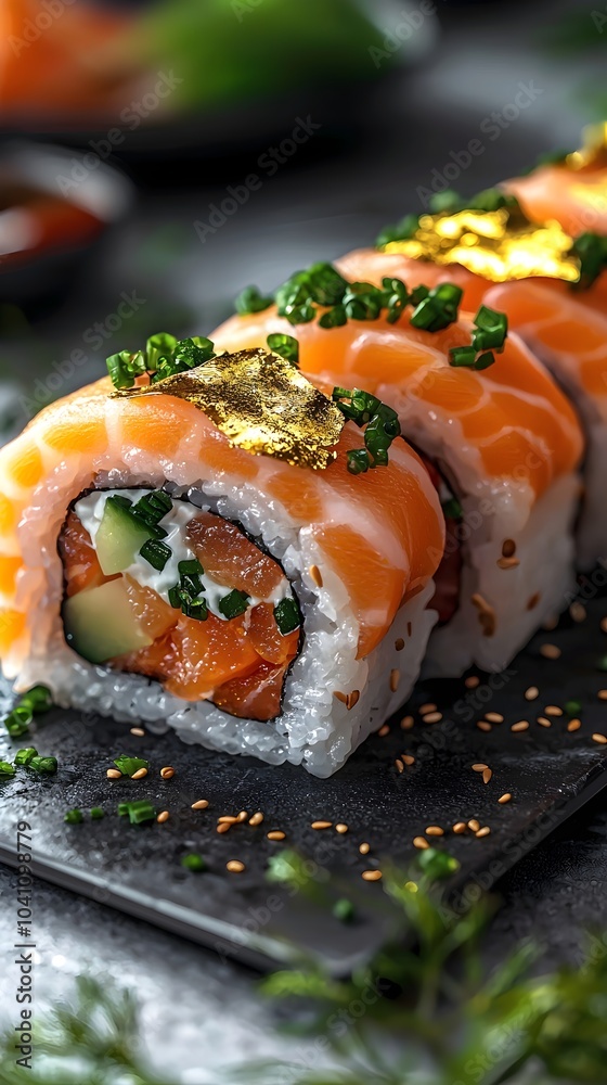 A delectable sushi roll featuring fresh salmon, cucumber, and cream cheese, garnished with green onions and edible gold leaf, presented on a dark slate plate. A delectable sushi roll featuring fresh salmon, cucumber, and cream cheese, garnished with green onions and edible gold leaf, presented on a dark slate plate.