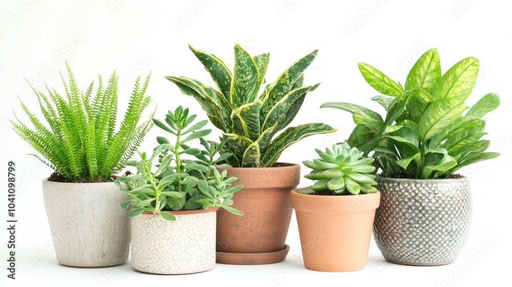 Fototapeta premium Several indoor plants in decorative pots arranged on a white background, highlighting their unique shapes and foliage.