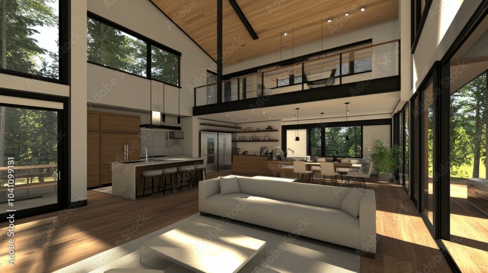 Open-concept living space with modern design and high ceilings. Features a luxurious kitchen, welcoming entryway, and an upper loft. Open-concept living space with modern design and high ceilings. Features a luxurious kitchen, welcoming entryway, and an upper loft.