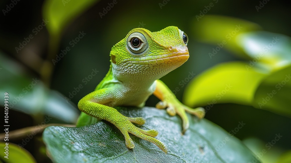 A vibrant green lizard perched on a leaf in a lush environment. A vibrant green lizard perched on a leaf in a lush environment.