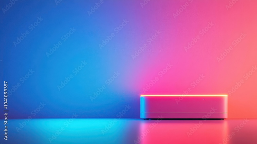 A modern minimalistic design featuring a sleek device illuminated by vibrant blue and pink lights against a smooth backdrop. A modern minimalistic design featuring a sleek device illuminated by vibrant blue and pink lights against a smooth backdrop.