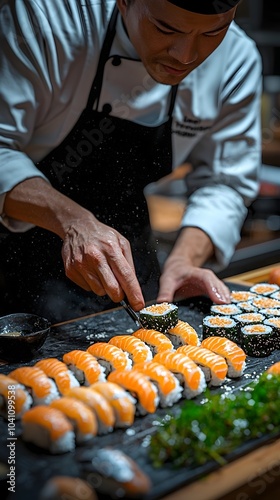 A focused Asian male chef meticulously garnishing freshly prepared sushi rolls in a professional kitchen, showcasing culinary artistry and attention to detail.