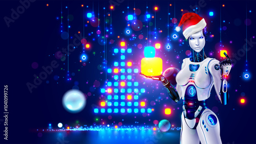 Beautiful AI robot woman in Santa Claus hat holds gifts in her hands. AI in image of cyborg woman or internet chat bot gives gifts for Christmas, New Year. Robot decorate Christmas tree, gives gifts.