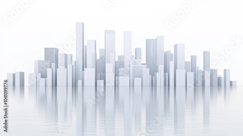  Minimalistic digital city skyline made of geometric squares with blue skyscrapers and reflections in water, set against a white background, symbolizing modern urban design and corporate architecture.