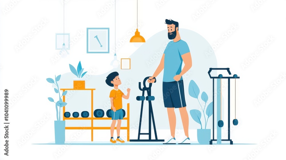 Fototapeta premium Father and Child Exercising at Home Gym Together