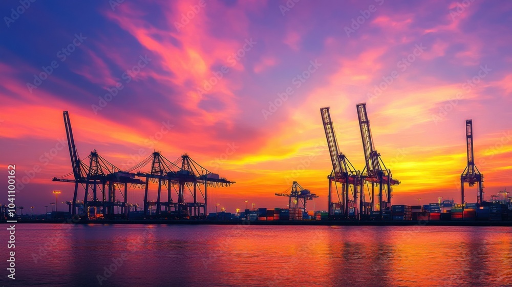 A modern harbor with cranes lifting containers at the crack of dawn, the sky ablaze with orange and pink, symbolizing the steady growth of international trade A modern harbor with cranes lifting containers at the crack of dawn, the sky ablaze with orange and pink, symbolizing the steady growth of international trade