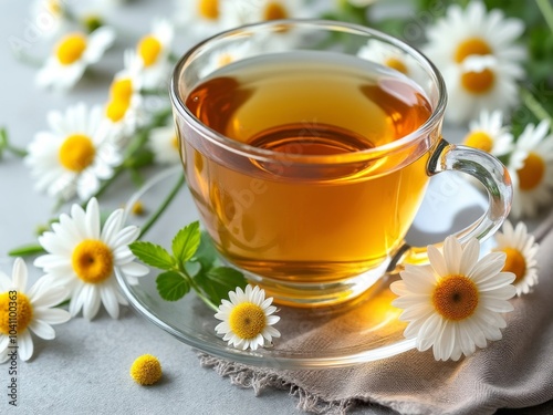 Glass cup of chamomile tea surrounded by fresh chamomile flowers on a grey background, highlighting herbal infusion and calming atmosphere