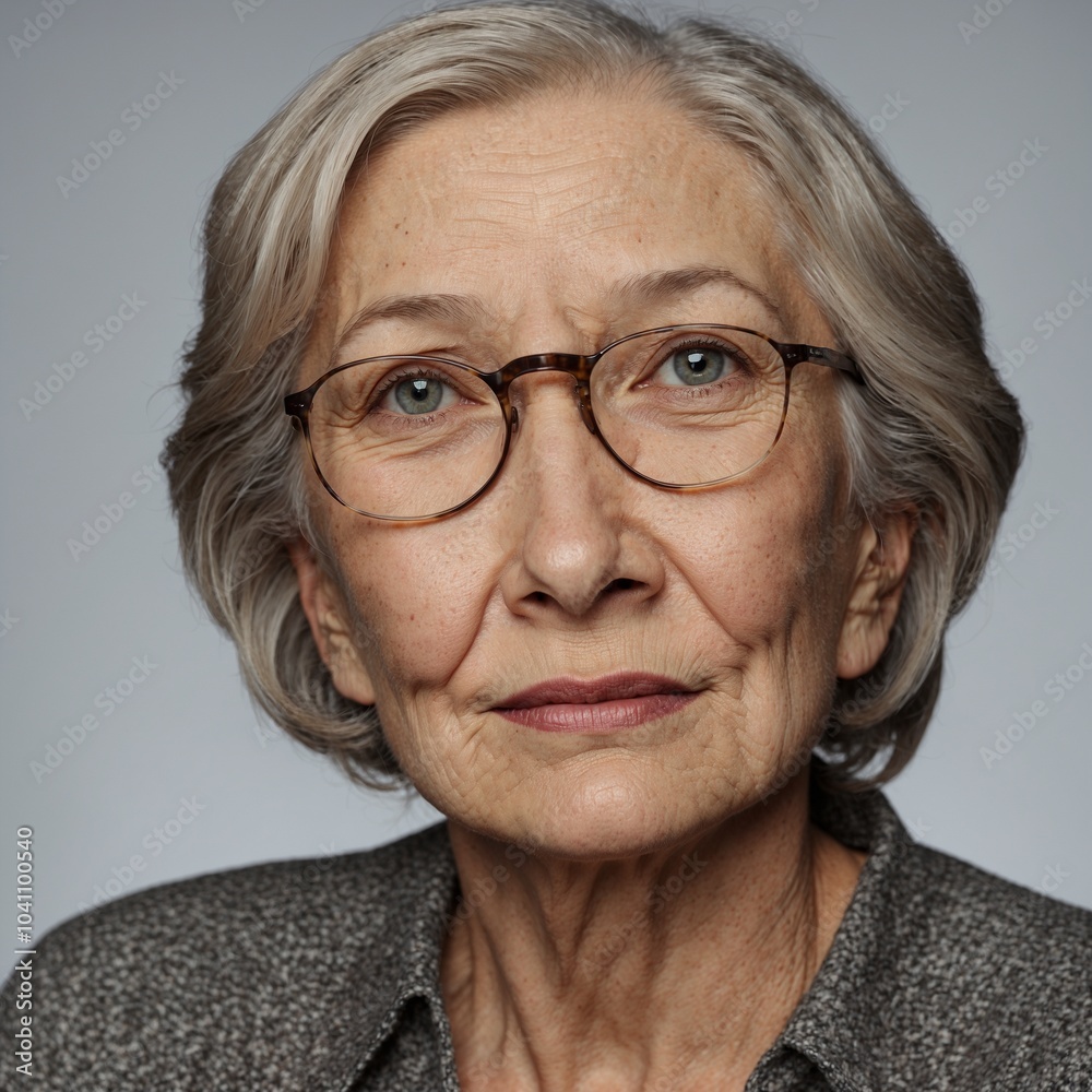 Frau, Gesicht, lächern, ca 70 Jahre Deutsch mit Alterflecken welche auf Hautkrebs hindeuten. Die Frau sieht gepflegt. Die Haare sind Grau und er trägt eine Brille Frau, Gesicht, lächern, ca 70 Jahre Deutsch mit Alterflecken welche auf Hautkrebs hindeuten. Die Frau sieht gepflegt. Die Haare sind Grau und er trägt eine Brille