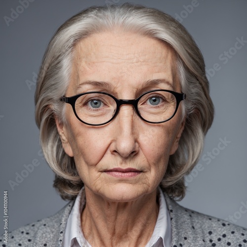 Frau, Gesicht, lächern, ca 70 Jahre Deutsch mit Alterflecken welche auf Hautkrebs hindeuten. Die Frau  sieht gepflegt. Die Haare sind Grau und er trägt eine Brille photo