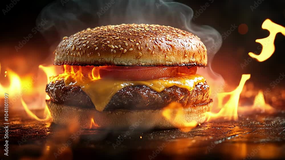 burger with burning effect on dark background, generative ai