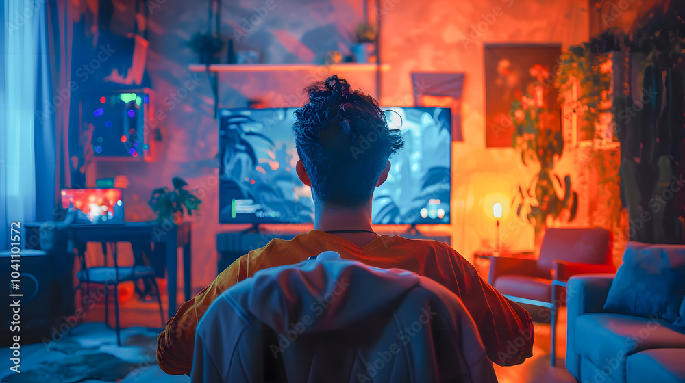 A young man sits in a chair in front of a curved monitor, playing a video game. The game features a futuristic setting and the player is holding a gaming controller A young man sits in a chair in front of a curved monitor, playing a video game. The game features a futuristic setting and the player is holding a gaming controller
