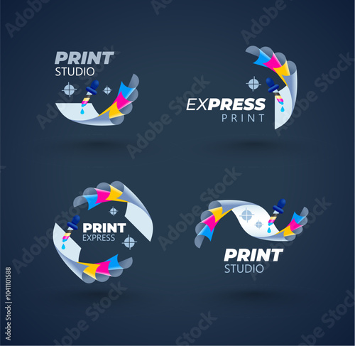 Set logo. Cmyk Print logotype. Cmyk sheets of paper and pipette ink. Template polygraphy design vector. Black background.